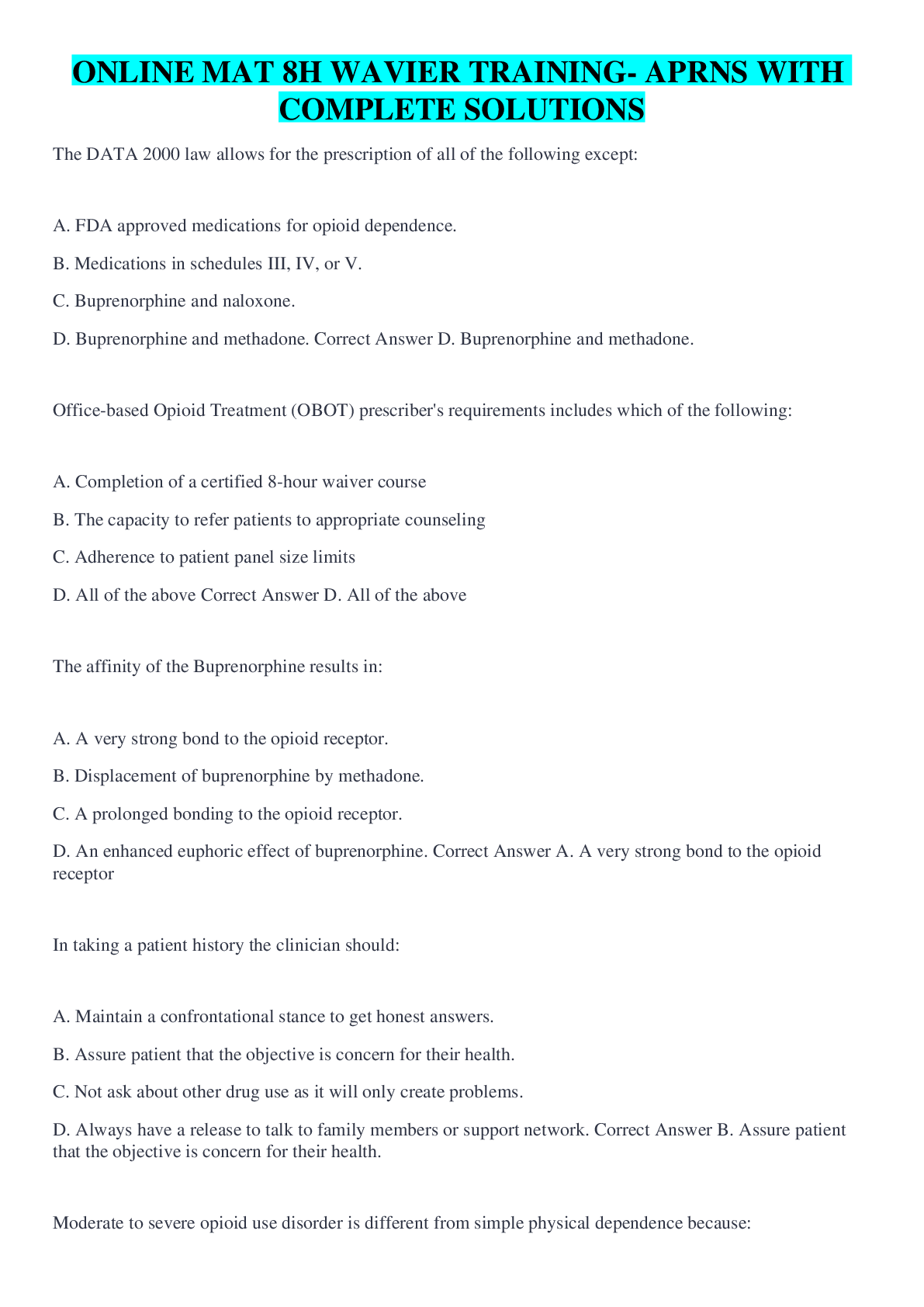 Preview image for ONLINE MAT 8H WAVIER TRAINING- APRNS WITH COMPLETE SOLUTIONS